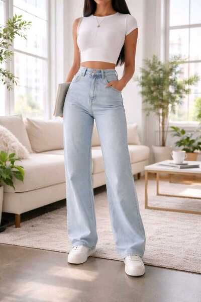 LİMABEL Ledeno plave ženske labave Licra 90's Super High Loose Leg Jeans Pala...