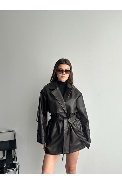 timagna Kadın Kahve Deri Trençkot Belden Bağlamalı Kuşaklı Kısa Boy Oversize ...
