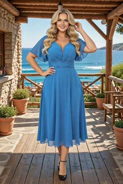 FaBe Fashion KISA KOLLU KALP YAKA BELİ BÜZGÜLÜ MİDİ ŞİFON ELBİSE NİKAH-NİŞAN-...