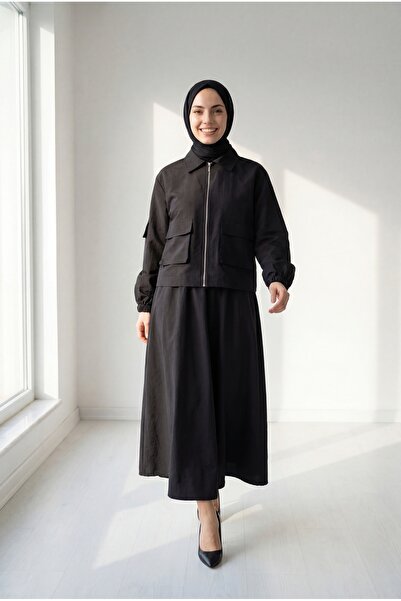 MİHRA STORE Anife Zippered Skirt with Bellows Detail on the Front Cupra Set-M...