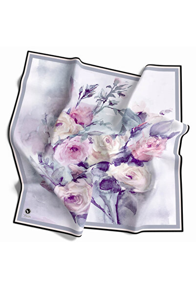 VİOLLA Rayon Çiçek Desenli Buz Mavisi Renkli 90x90 Eşarp (İpek İçermez) Kenar...