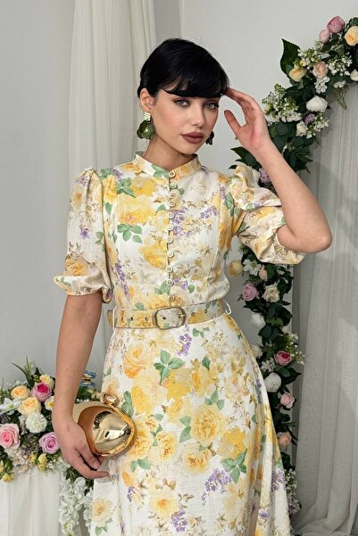 Julidress Rochie galbenă cu imprimeu floral nasturi, design premium, curea pi...