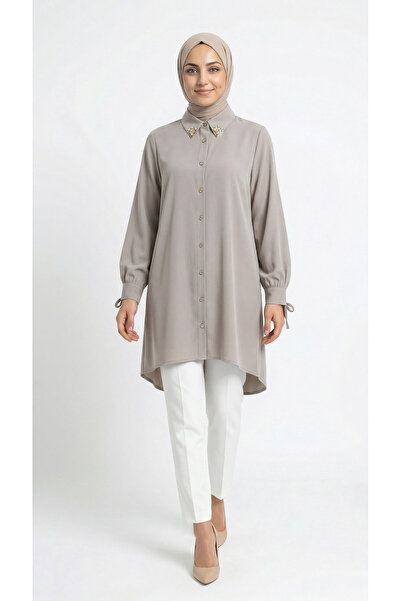 MİHRA STORE Özden Μακρύ Τουνίκ με Πέτρες στο Λαιμό-ZN2090 Πέτρα