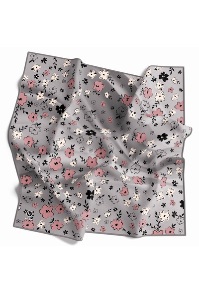 VİOLLA Rayon Papatya Desenli Gri Renkli 90x90 Eşarp (İpek İçermez) Kenar Diki...