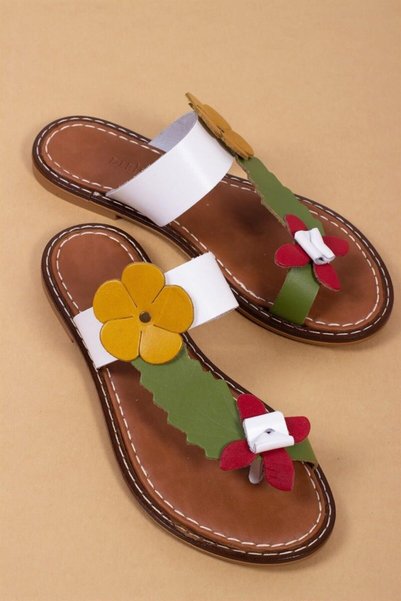 Deripabuc Genuine Leather White Women's Leather Slippers Dp28-0801