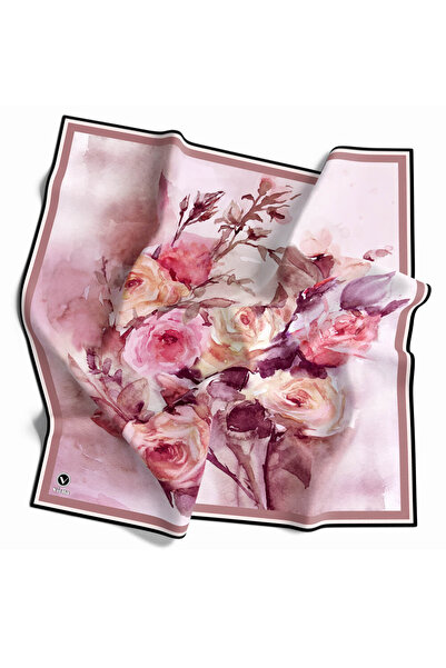 VİOLLA Rayon Çiçek Desenli Gül Kurusu Renkli 90x90 Eşarp (İpek İçermez) Kenar...