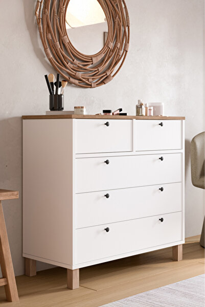 Yurudesign Nord Şifonyer 5 Çekmece Ahşap Ayaklı Sepet-Beyaz ND3-SW