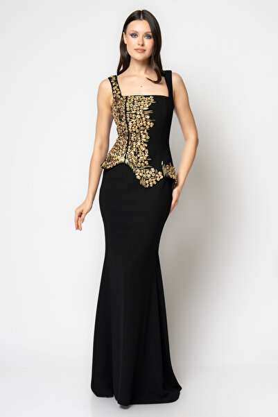 RENGIN Kare yaka metal işlemeli krep abiye elbise