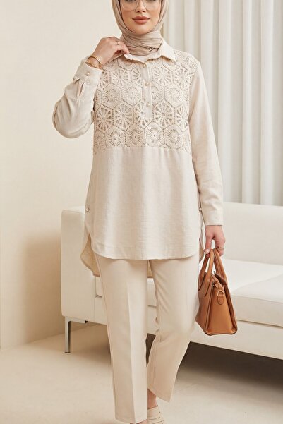 HİJABAYA Dantel Işlemeli Eteği Düğme Detaylı Gömlek
