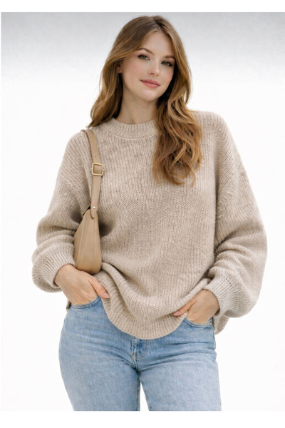 Kırlangıç Moda Bej Oversize Bisiklet Yaka Kadın Triko Kazak