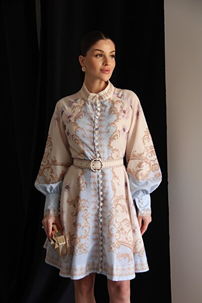 Julidress Μίνι λινό φόρεμα με σχέδια, κουμπιά και ΖΩΝΗ, Premium Σχεδιασμός