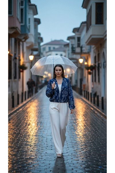 SİBELİZE Navy Blue Embroidery Detailed Bomber Women's Jacket