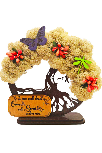 OEM Cadou Copacul Vietii, cu licheni stabilizati, din lemn wenge, „Cumnata”, 15cm, handmade