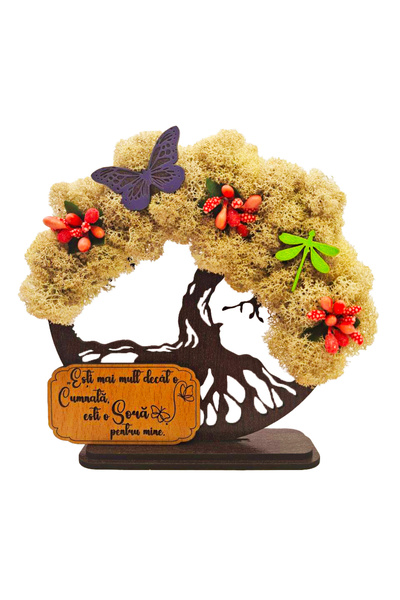 OEM Cadou Copacul Vietii, cu licheni stabilizati, din lemn wenge, „Cumnata”, 15cm, handmade
