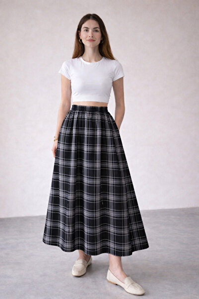 Kahra Collection ΜΑΥΡΗ ΦΟΥΣΤΑ E Καρό ΜΕ ΕΛΑΣΤΙΚΗ ΜΕΣΗ ΚΑΙ ΤΣΕΠΕΣ Με τσέπες LE