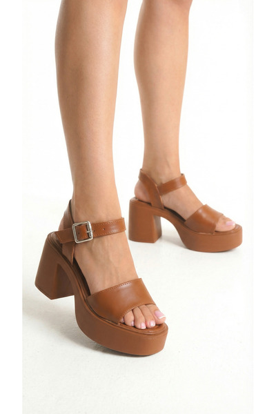 Limeo Brown High Side Buckle Single Strap Open Front Skin Summer Women's Wedg...