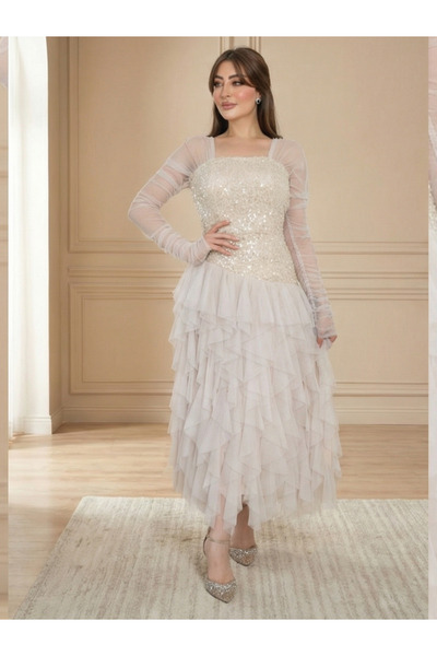 TREN Stunning Chiffon Crepe Evening Gown With Long Sleeves And Embellishments...