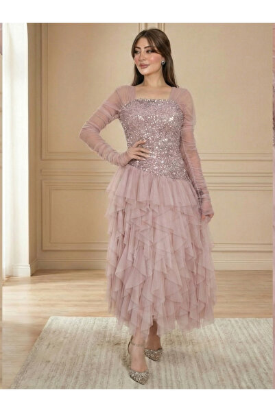 TREN Stunning Chiffon Crepe Evening Gown With Long Sleeves And Embellishments...
