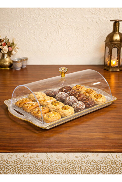 ALQANNAS Medium Acrylic Serving Tray with Lid | Golden Trim | Elegant Covered...