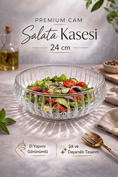 PAKETLENDİ El Yapımı Ağır Kalın Büyük Cam Salata Kasesi 24x6.5 Cm Linea Çanak