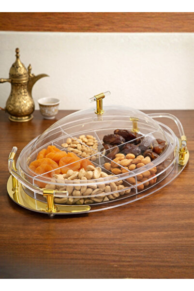 ALQANNAS صينية تقديم كبيرة مقسمة من الأكريليك بأربعة أقسام | قاعدة ذهبية
