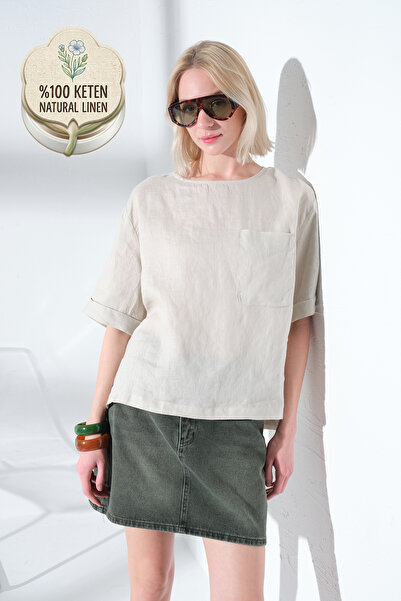 Maule 100% Λινό Tek Με τσέπες άνοιγμα Γυναικεία μπλούζα με κοντό μανίκι άνετη...