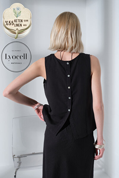 Maule Λινό Lyocell με κουμπιά στην πλάτη, γυναικεία μπλούζα με λαιμόκοψη ποδη...