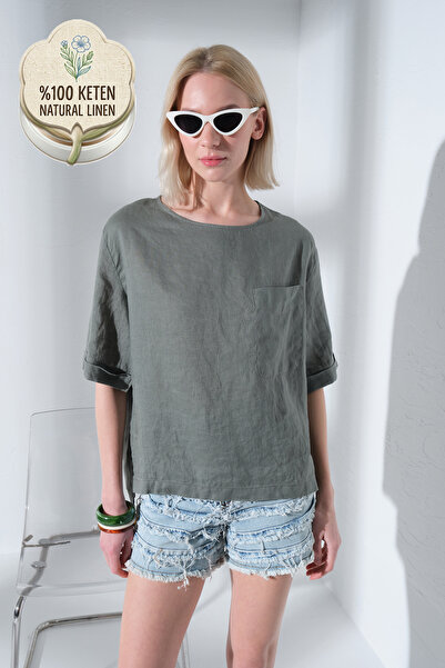 Maule 100% Λινό Tek Με τσέπες άνοιγμα Γυναικεία μπλούζα με κοντό μανίκι άνετη...