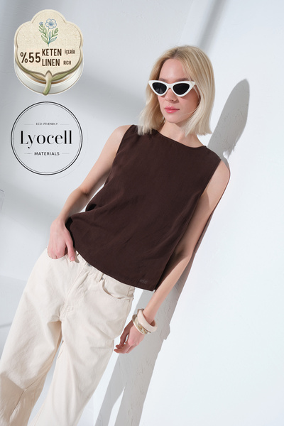Maule Λινό Lyocell με κουμπιά στην πλάτη, γυναικεία μπλούζα με λαιμόκοψη ποδη...