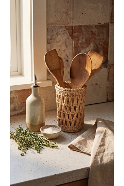 Doğal Hasır Sepet Kaşıklık Mutfak Tezgah Üstü Düzenleyici Organizer Dekoratif Çok Amaçlı El Yapımı