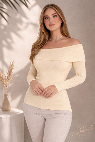 Seamoda Plus Size Madonna Collar Stretch Fabric Rib Knit Blouse-Cream