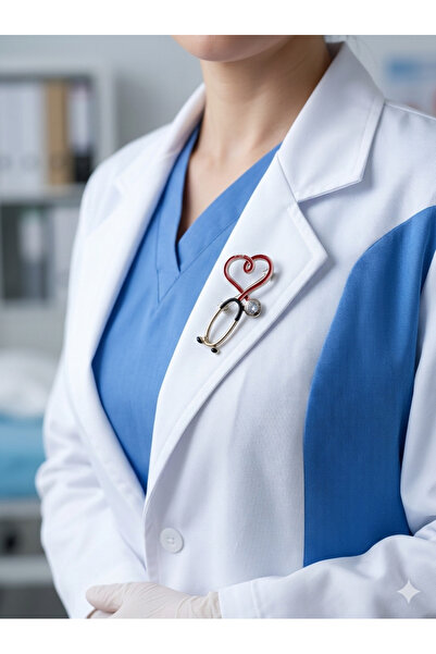 Neşeli Atölyem Doktor Hemşire Aksesuar Kırmızı Kalp Desen Steteskop Doktor Broş