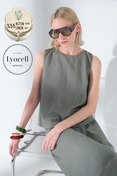 Maule Λινό Lyocell με κουμπιά στην πλάτη, γυναικεία μπλούζα με λαιμόκοψη ποδη...