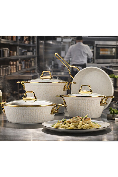 Lines Maya 7 Parça Beyaz Granit Tencere Seti Altın Kulp – Yapışmaz Kaplama Çe...