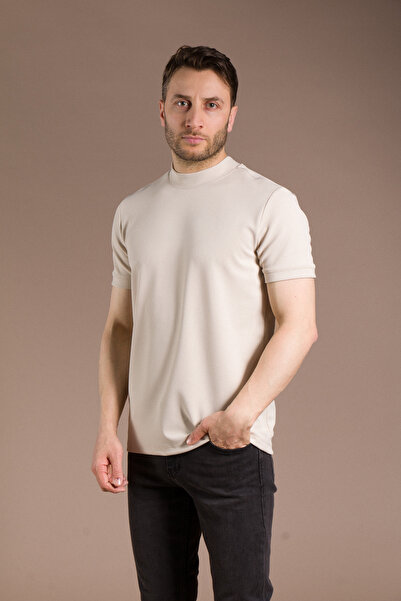 ZEKİ ÖZER Tricou moale pentru bărbați, bej, cu jumătate de gât, Zeki Özer