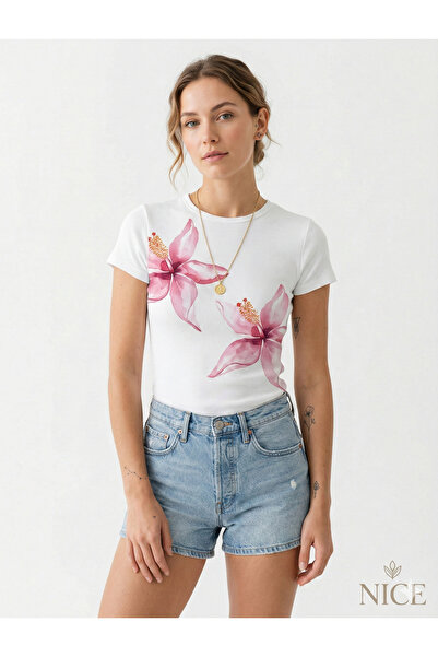 NİCE Tricou alb pentru femei guler rotund basic crop