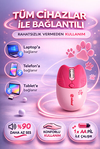 NDNeed Sevimli Kedi Kablosuz Pembe Mouse Bluetooth + 2.4G Dual Mode