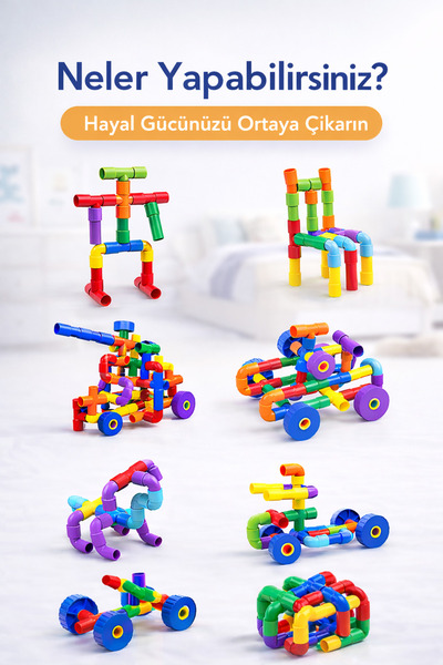 PAKİTO Blok Boru Puzzle Renkli Eğitici Birleştirme Oyuncak Seti 72 Parça