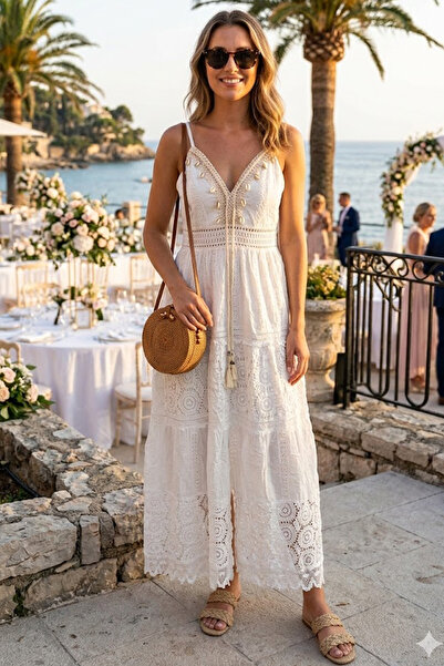 AYASOFYA OTANTIK Kadın Italyan Beyaz Ayarlanabilen İp Askılı Püskül ve Taş De...