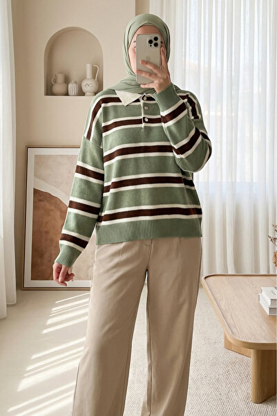 Modamorfo Polo Neck Buttoned Colorful Striped Knit Sweater - Green