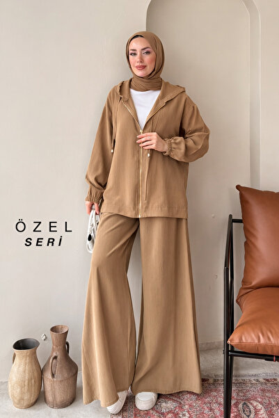 Mogi Butik طقم حجاب كبير الحجم بغطاء رأس وسحاب من قماش تنسيل 3178 - سلسلة فورم