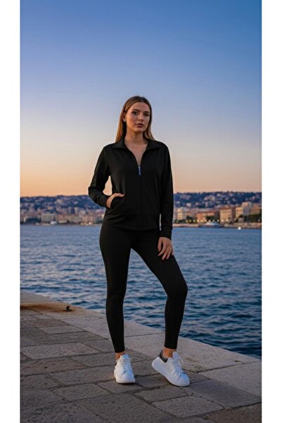 SİBELİZE طقم قماش قابل للتمدد سروال ضيق مع تفاصيل سحاب - أسود