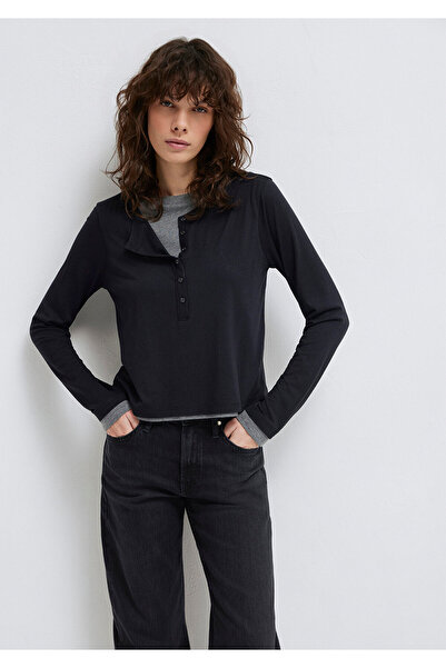 Mavi Yün Karışımlı Çift Katlı Siyah Uzun Kollu Tişört Semi Slim Fit / Yarı Da...