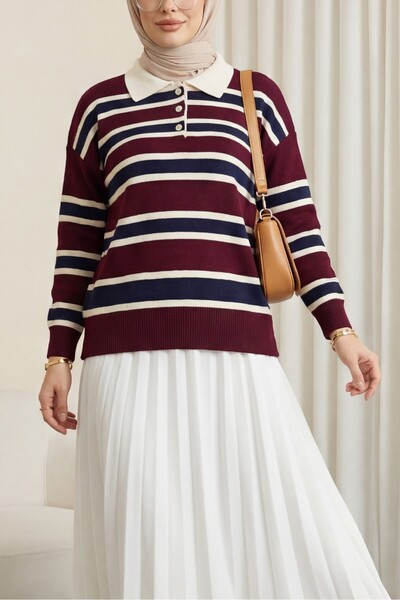 Modamorfo Polo Neck Buttoned Colorful Striped Knit Sweater - Burgundy