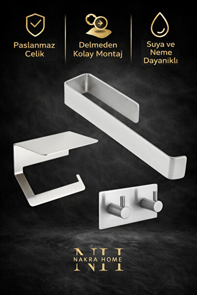 NAKRA HOME 3'lü Set ( Paslanmaz Çelik Yapışkanlı Havlu Askısı , Tuvalet Kağıt...