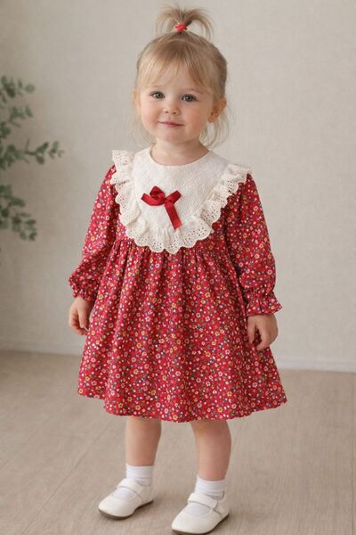 Butik Kız Çocuk Kırmızı Çiçekli Elbise