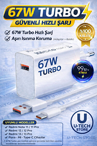 utechno 67W (WATT) Turbo Hızlı Şarj Adaptör+Kablo(Set) Xiaomi Redmi Note 11/1...