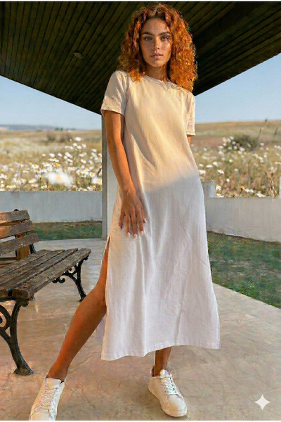 Pasaklı Giyim Women's White Short Sleeve Full Length Wear-Go Basic Dress / Bu...