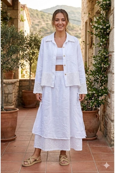 AYASOFYA OTANTIK Women's Italian White Lace Detailed 2-Piece Shirt and Skirt ...