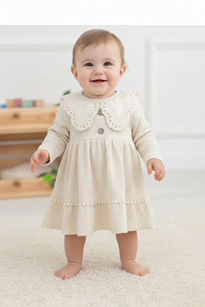 VEGAMOD KIZ BEBEK BRODE YAKALI WAFFLE KUMAŞ 6-9-12-18-24 AY ELBİSE